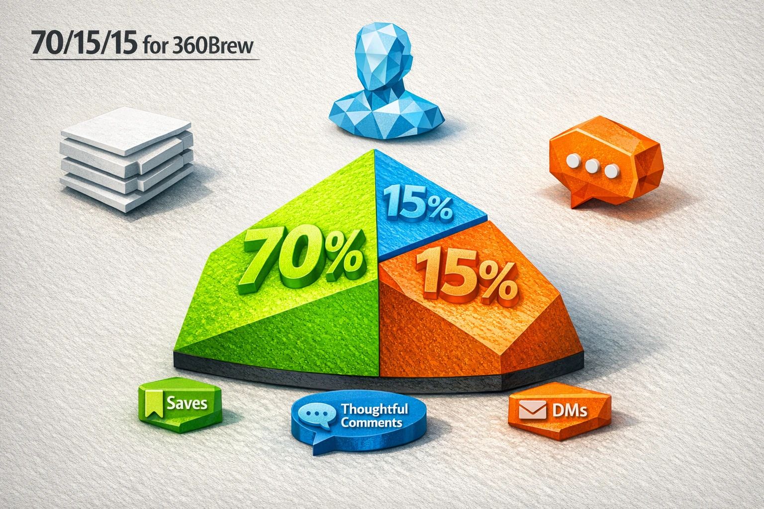 A pie chart illustrating the 70/15/15 content mix, with each segment explaining its purpose: 70% Authority Content for saves, 15% Personal Insight for identity, and 15% Conversational Content for DMs.