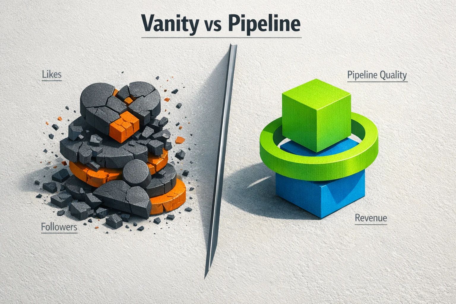 A diagram contrasting vanity metrics like likes and followers with pipeline quality metrics like lead-to-opportunity rate and closed deals.