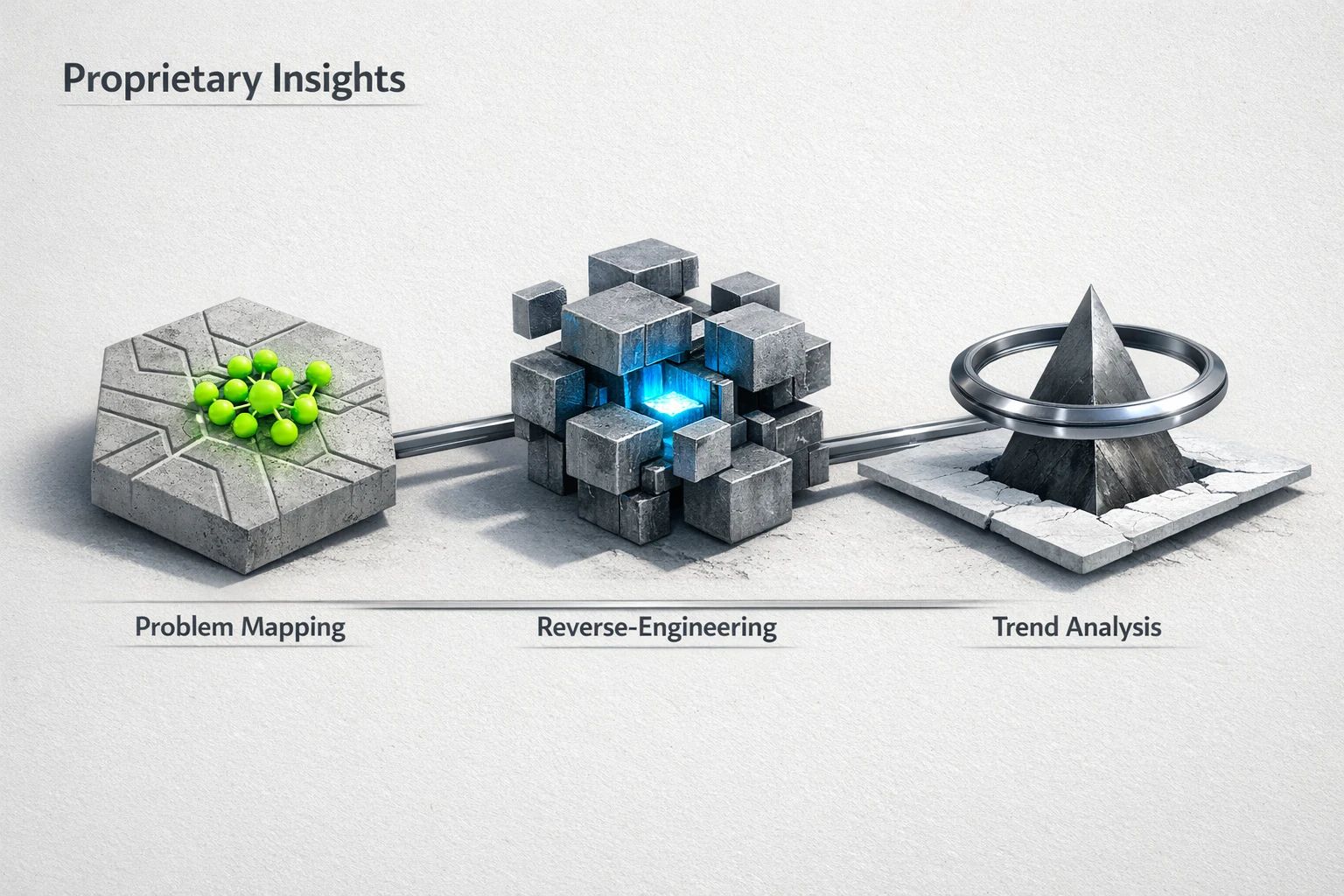 A flowchart showing three inputs leading to 'Proprietary Insights'. The inputs are: 'Client Problem Mapping', 'Solution Reverse-Engineering', and 'Trend Analysis & Unique Lens'.