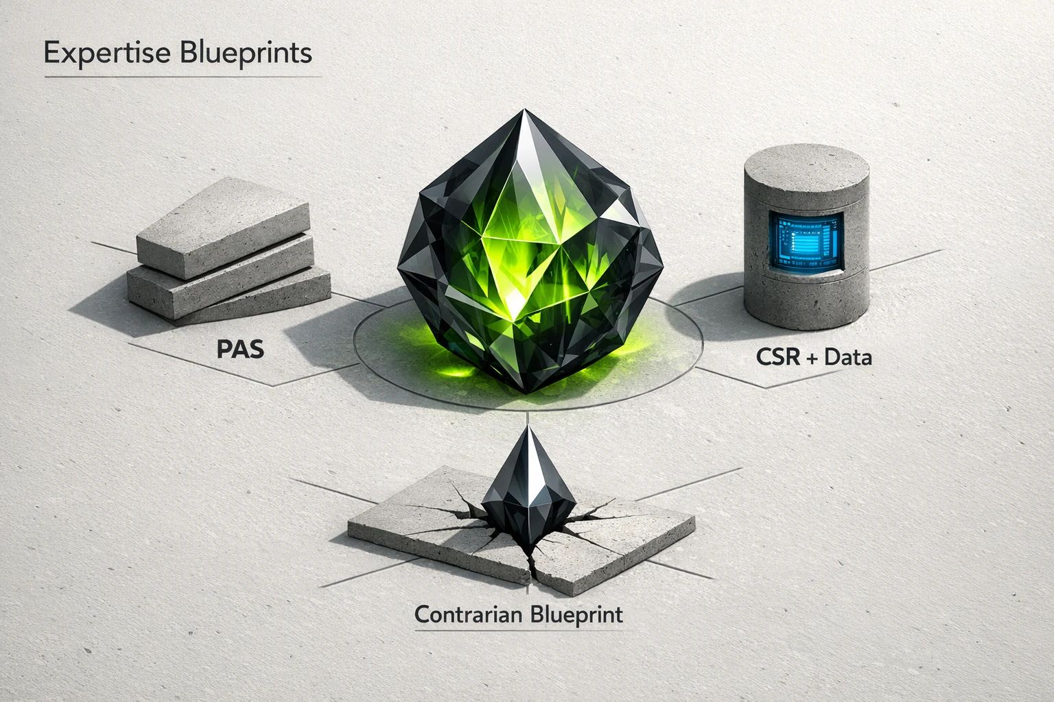 Three cards labeled 'PAS Deep Dive', 'CSR + Data', and 'Contrarian Blueprint', representing the different content structures.