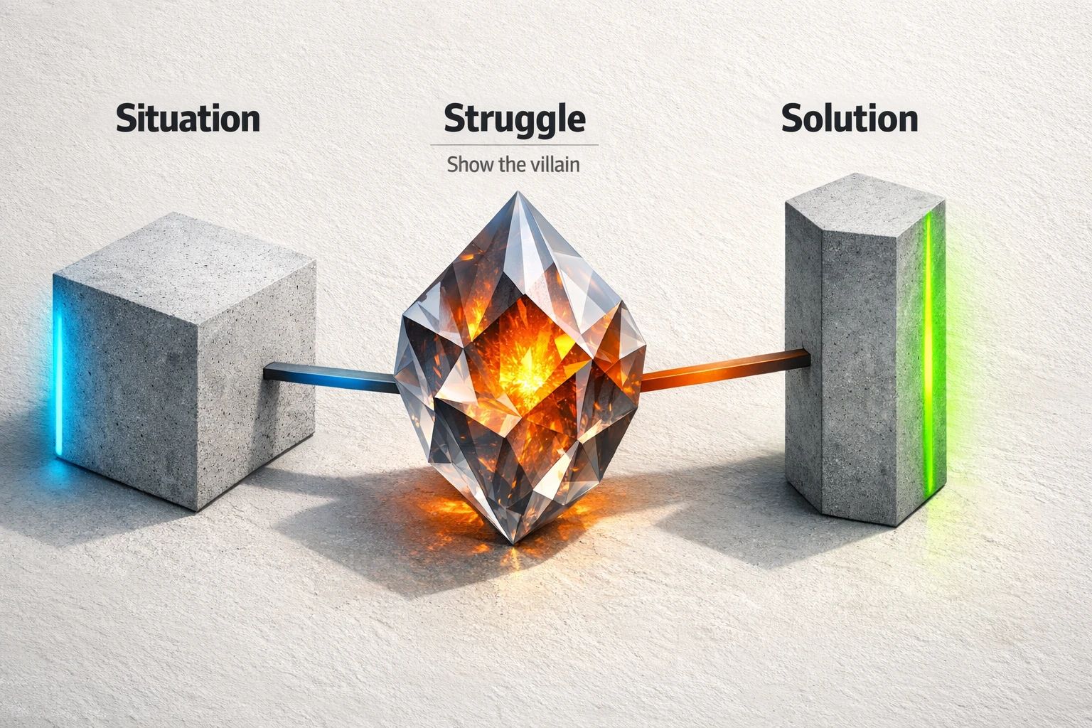 A simple narrative spine keeps B2B case studies and lessons learned clear: set the situation, create a real struggle (the villain), then share the solution and what changed—without turning it into a pitch.