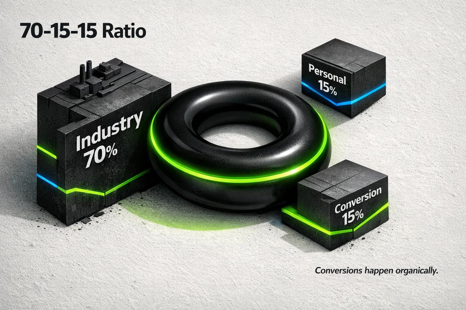 A diagram showing the 70-15-15 content ratio of the Authority First Framework: 70% Industry Content, 15% Personal Stories, and 15% Conversion Content, visualized as concentric circles.