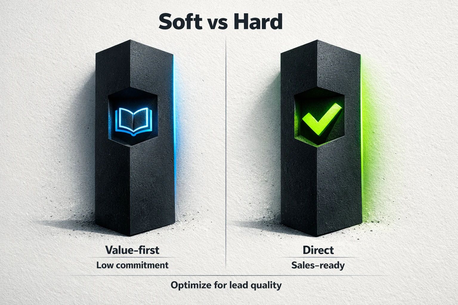 A visual comparison of Soft Offers (low friction, high value, e.g., checklist, template) and Hard Offers (high friction, direct commitment, e.g., book a demo, get a quote).