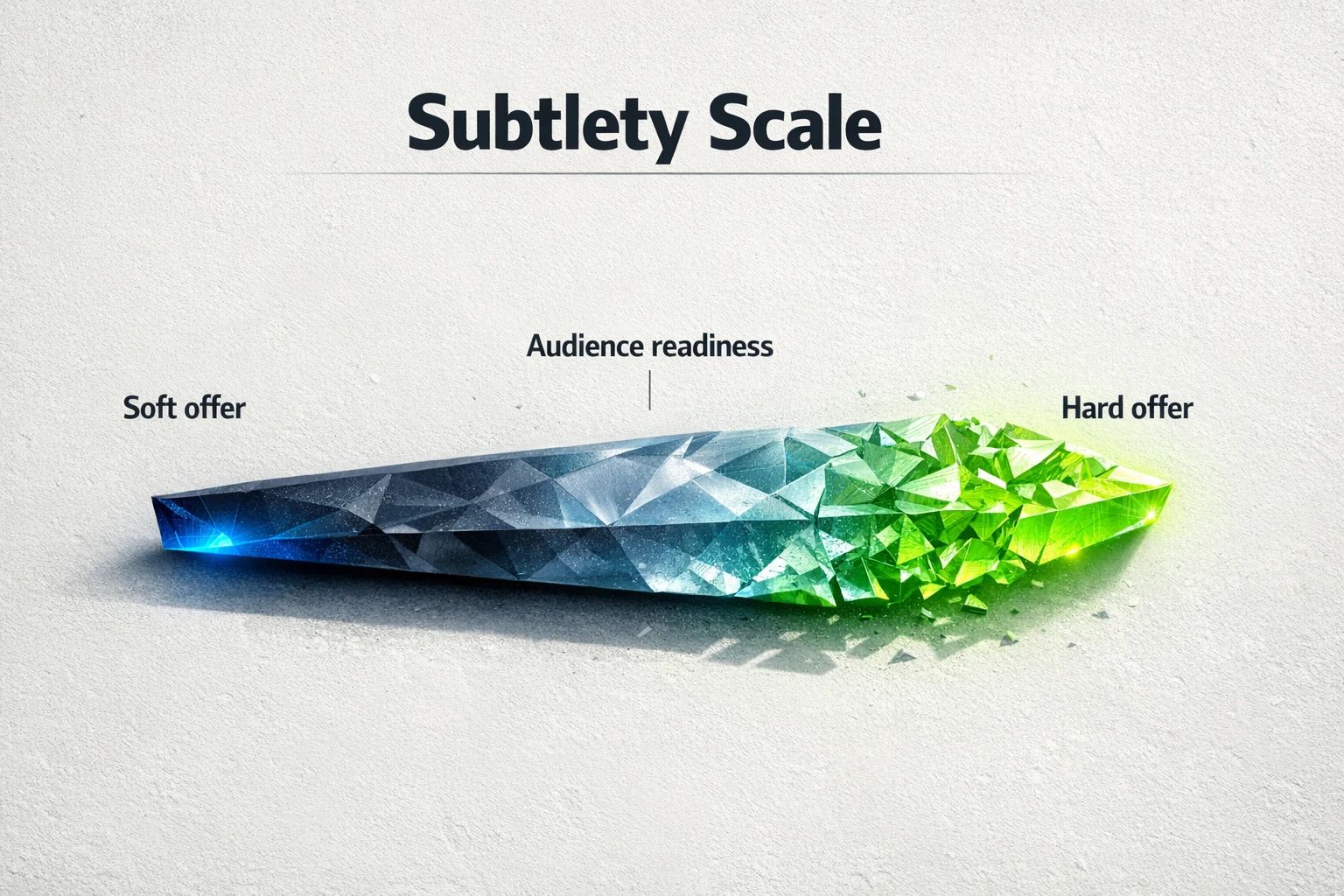 A spectrum graphic labeled “The Subtlety Scale,” showing that as Authority and Trust increase, the offer can move from Soft (low friction) to Hard (high friction).