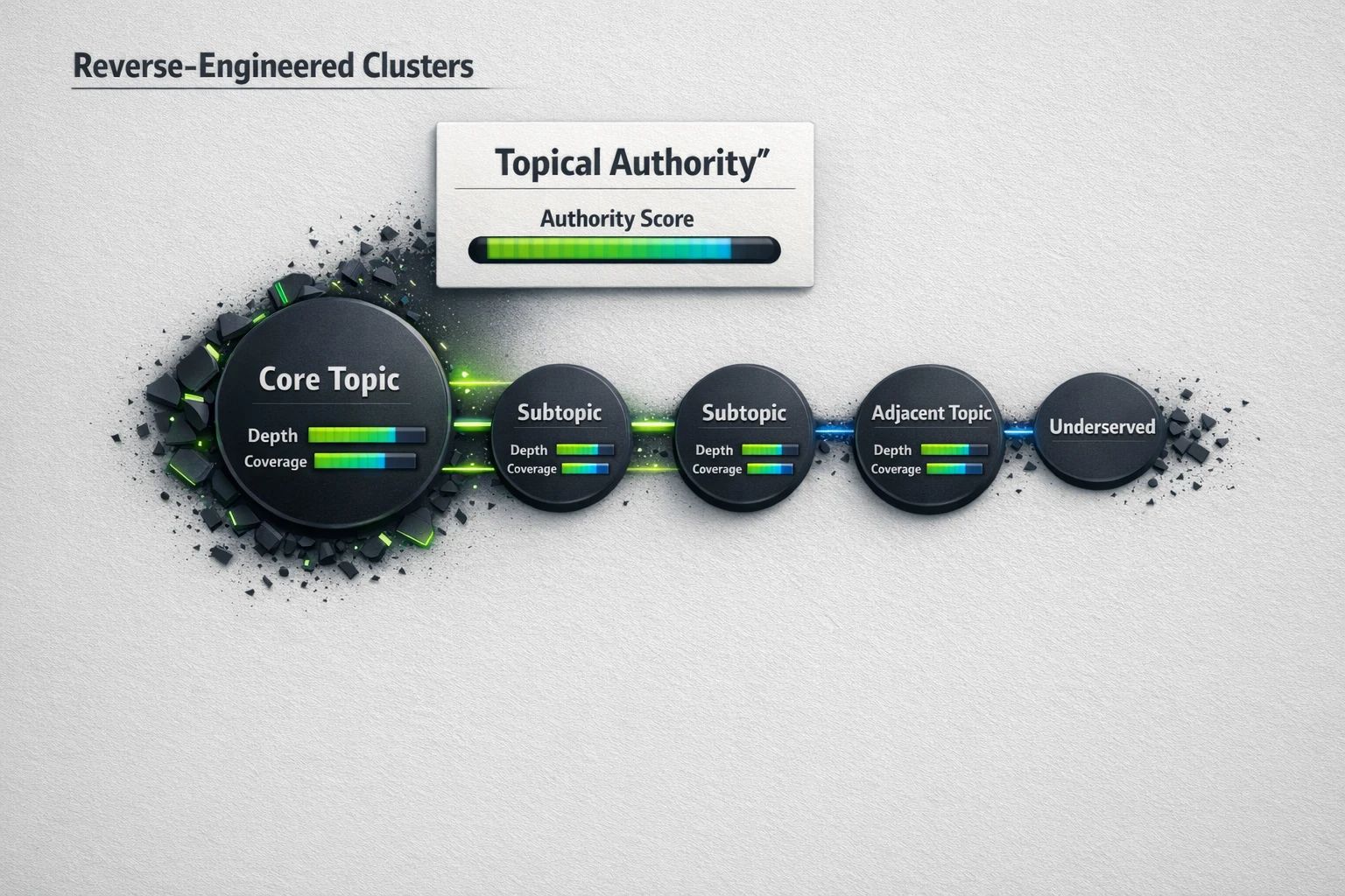 A visual map of reverse-engineered content clusters showing topical authority and underserved nodes to guide strategic content creation.