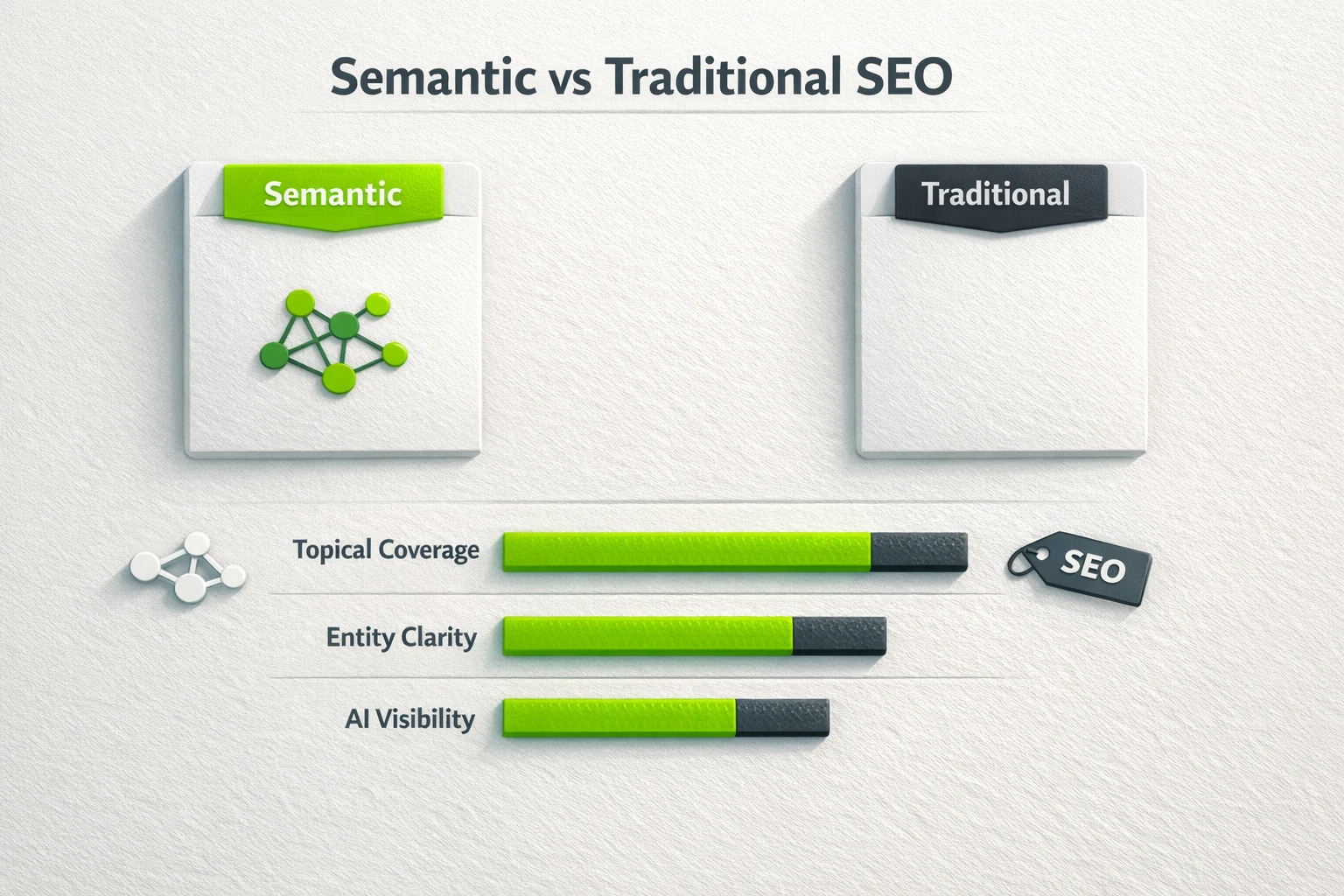 A side-by-side comparison chart showing that Semantic, Entity-First SEO outperforms traditional keyword-focused SEO in metrics like Topical Authority, Content Relevance, Future-Proofing, and AI Search Visibility.