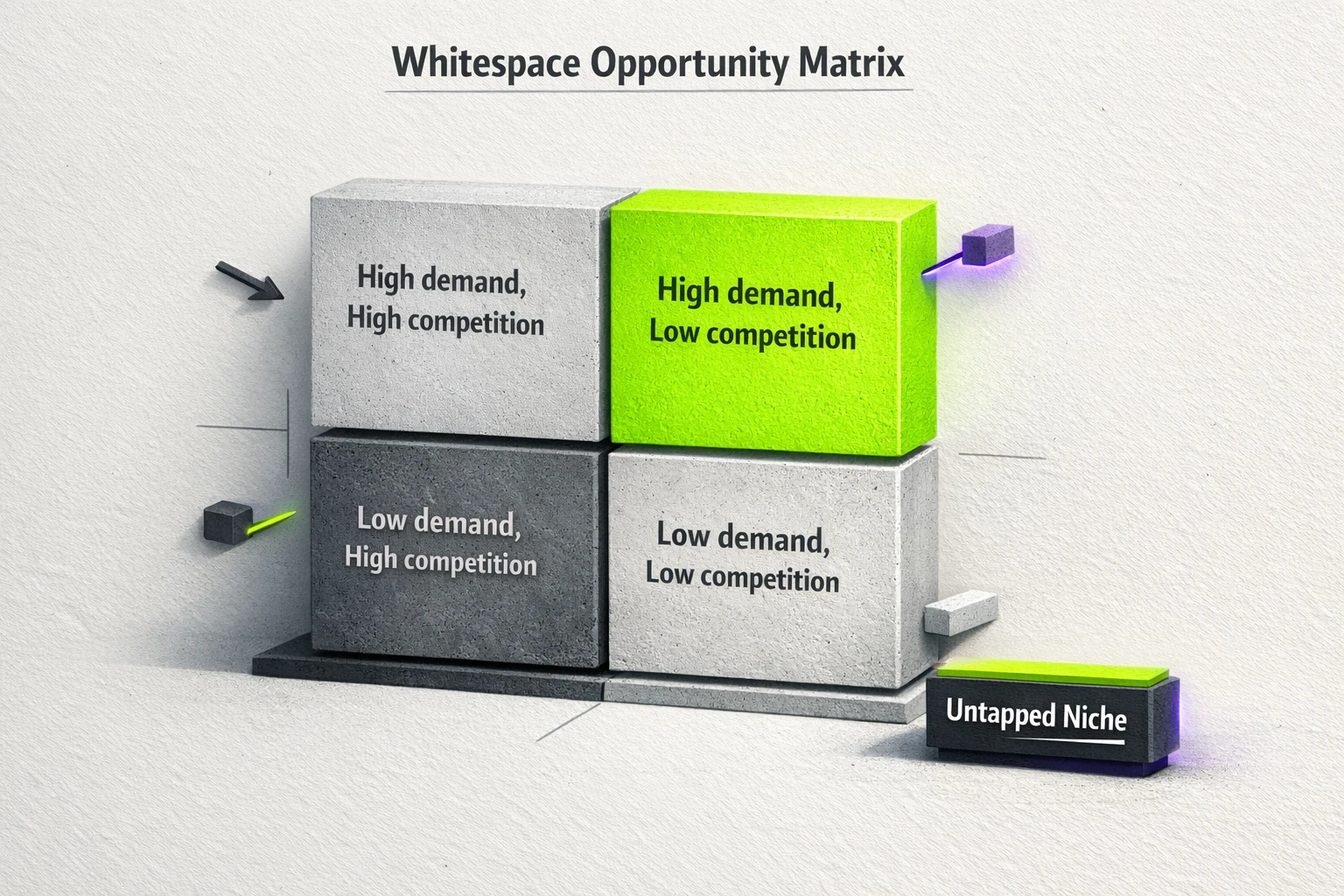 A tactile quadrant comparing demand and competition; neon-green highlights reveal the most promising market whitespace for focused investment.