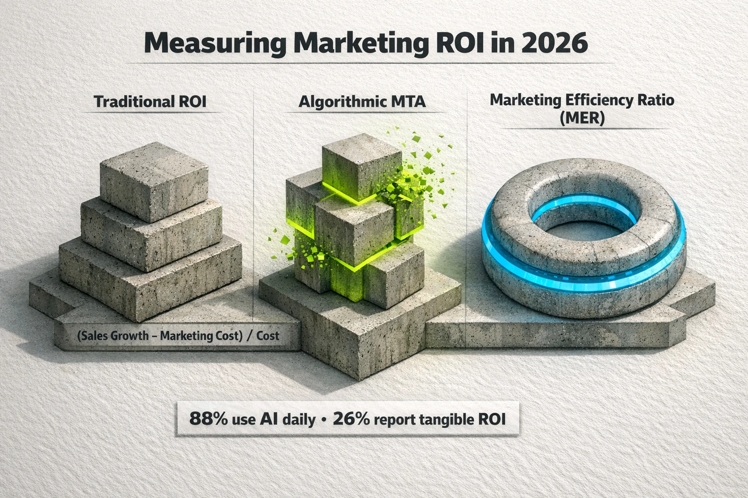 Compare traditional ROI, algorithmic multi-touch attribution, and Marketing Efficiency Ratio (MER) with a research-backed adoption gap highlighted for immediate evaluation.