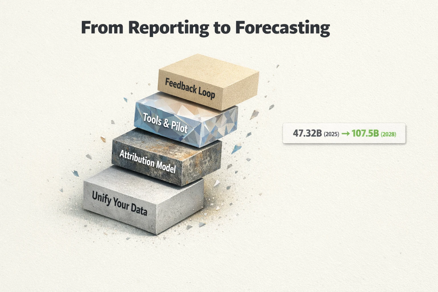 A rising-blocks decision aid that connects an implementation framework to projected market growth, helping teams move from reporting to predictive ROI measurement.