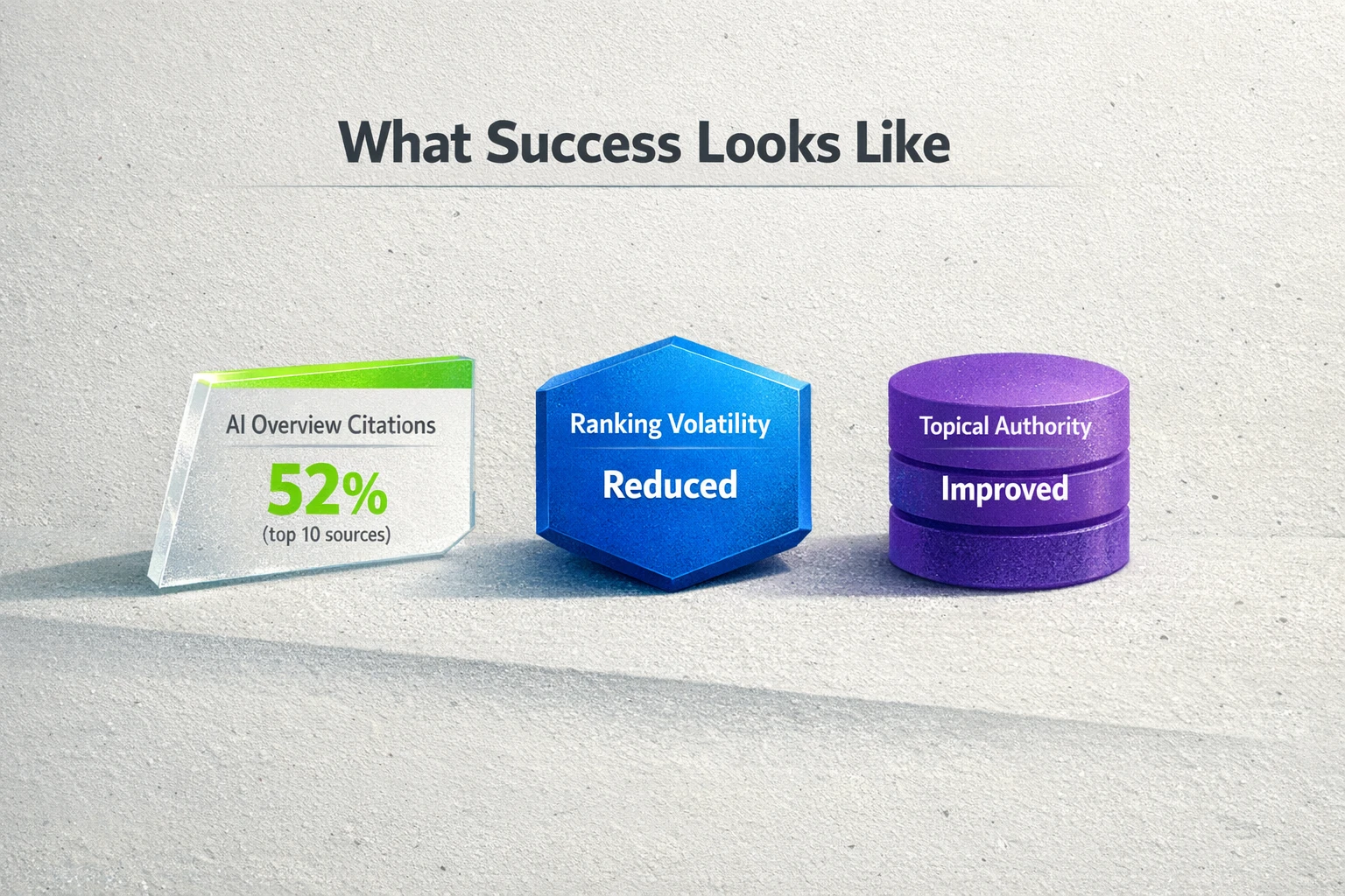 Visual proof points: the verified 52% citation stat alongside qualitative outcomes like reduced volatility and improved topical authority to support decision-making.