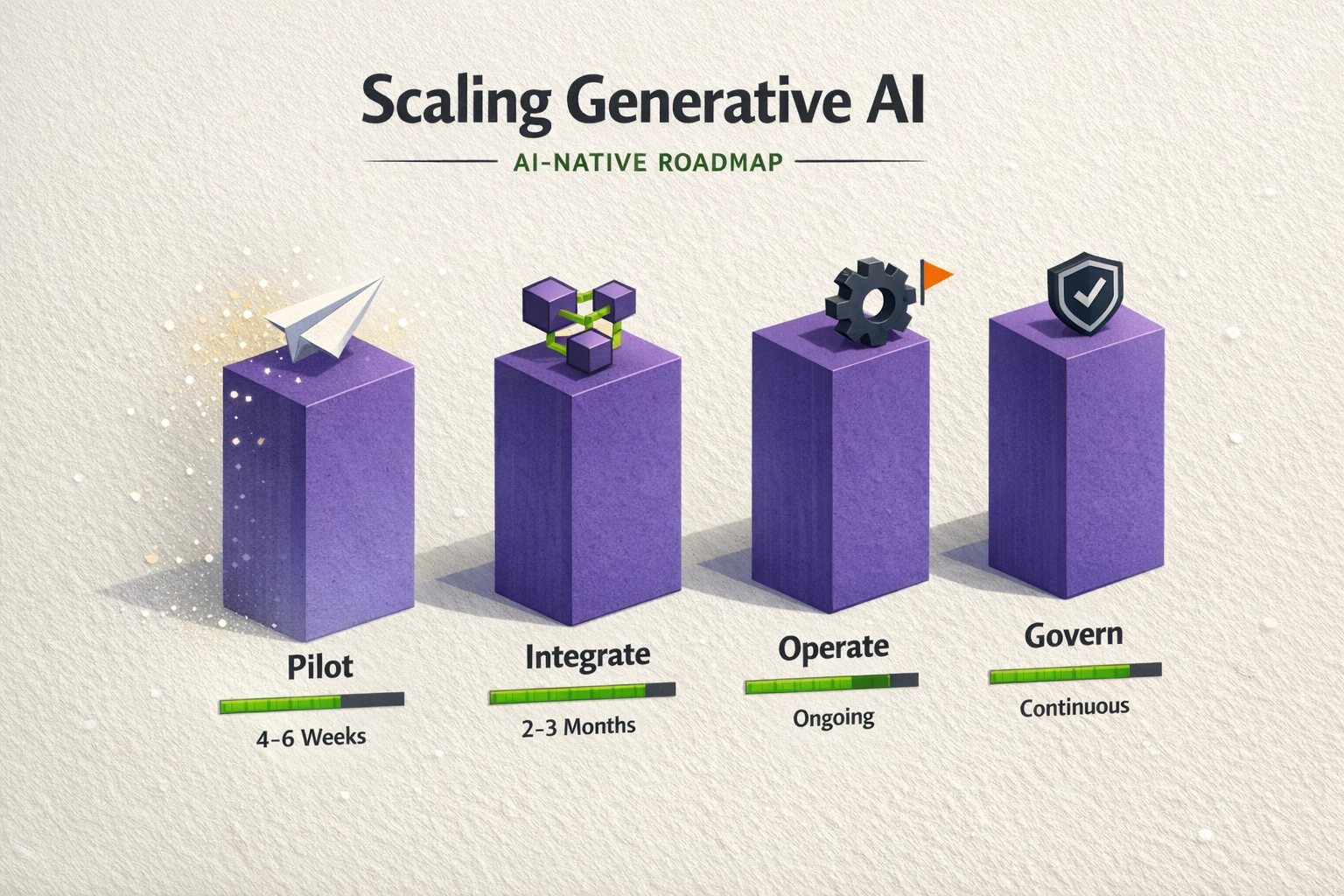 An unnumbered, phase-based roadmap that emphasizes adoption and governance—designed to guide organizations from pilot to AI-native operations.