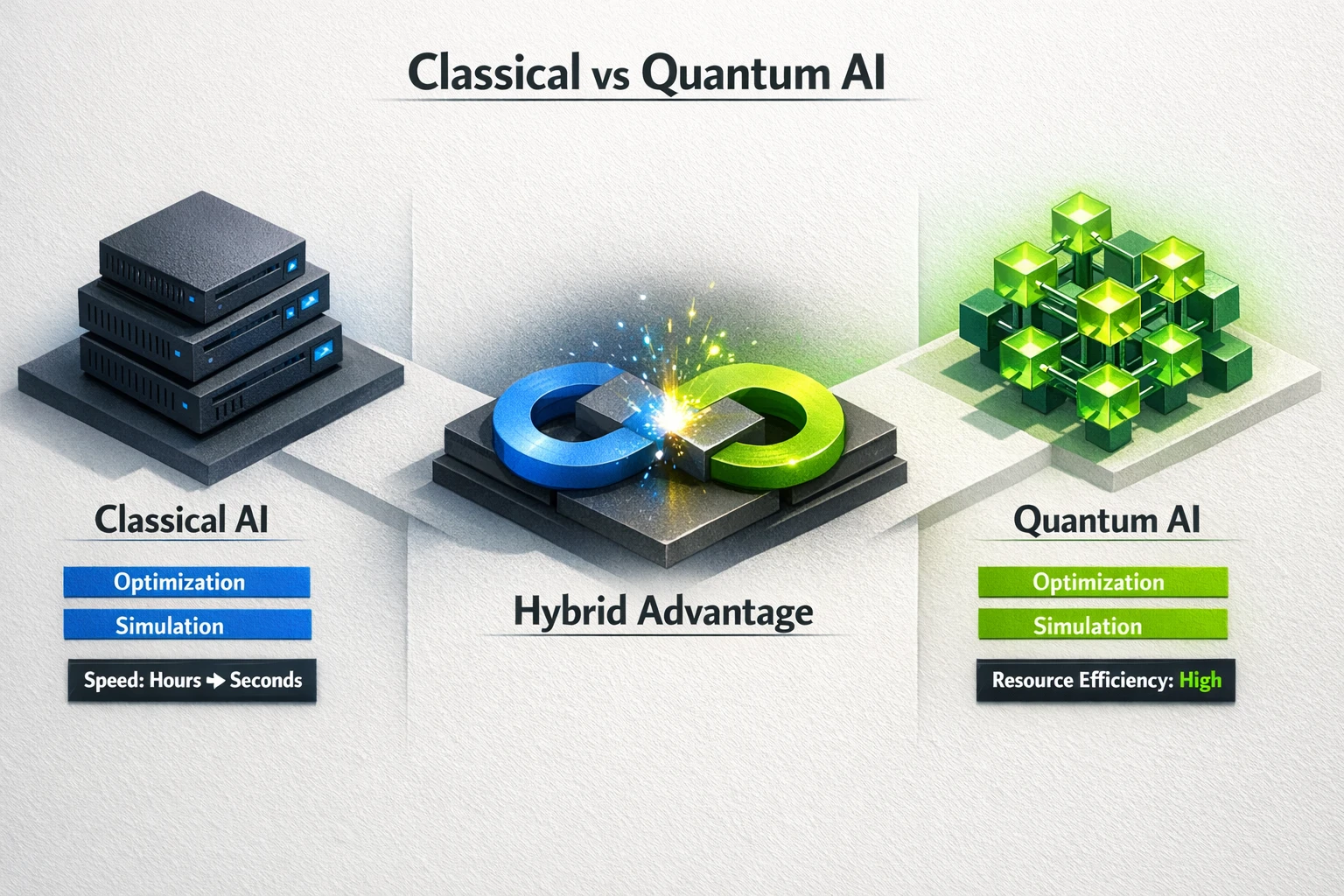 A clear isometric comparison of Classical versus Quantum AI with a central hybrid hub, emphasizing where quantum provides business advantage.