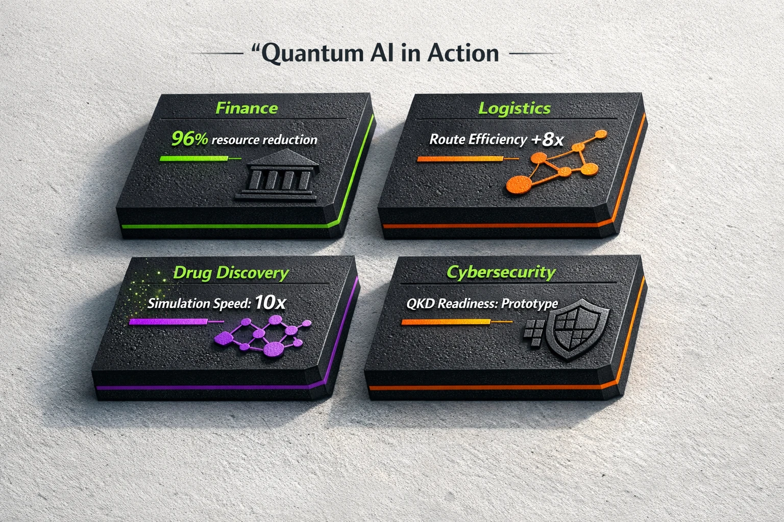 Four isometric industry cards that show where Quantum AI delivers measurable value, with bold metrics and maturity bars for quick evaluation.