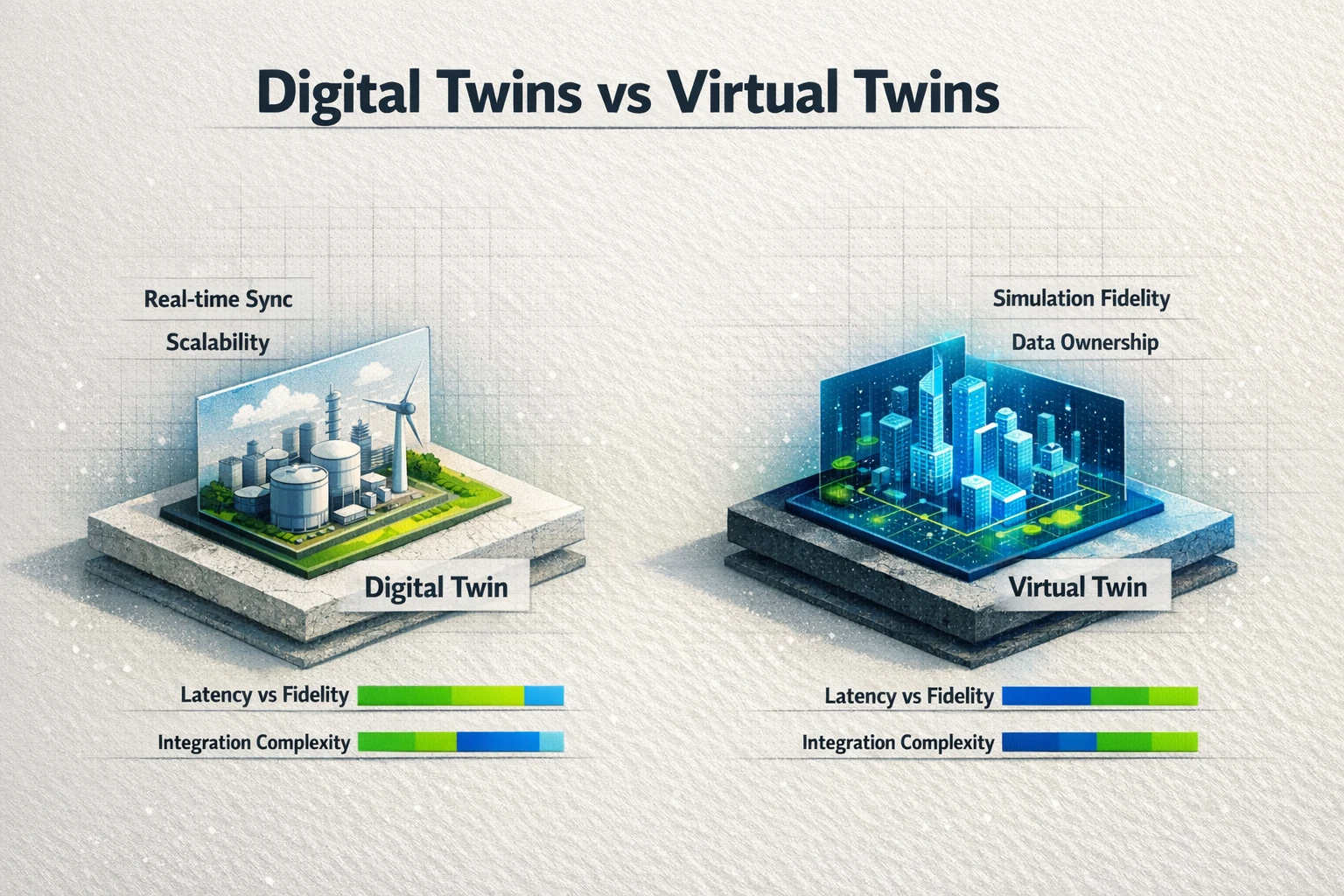Side-by-side comparison of digital and virtual twins that highlights latency, fidelity, scalability, and data ownership—clarifying which approach fits your metaverse use case.
