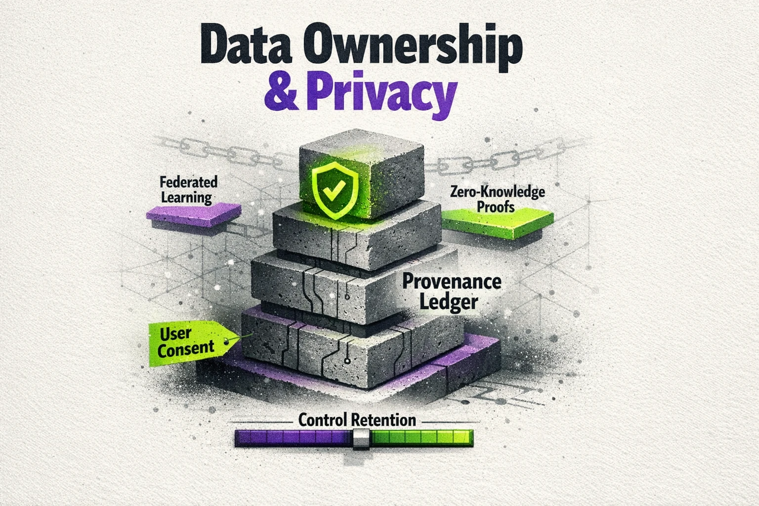 A tactile visualization of decentralized privacy techniques and provenance, highlighting how ownership and control are retained in decentralized AI systems.