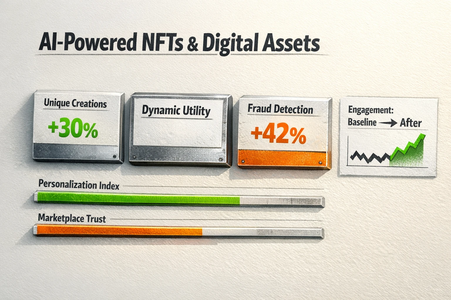 Metric-focused visualization of AI-powered NFTs and digital assets that highlights creative impact, utility gains, and trust improvements to support ROI discussions.