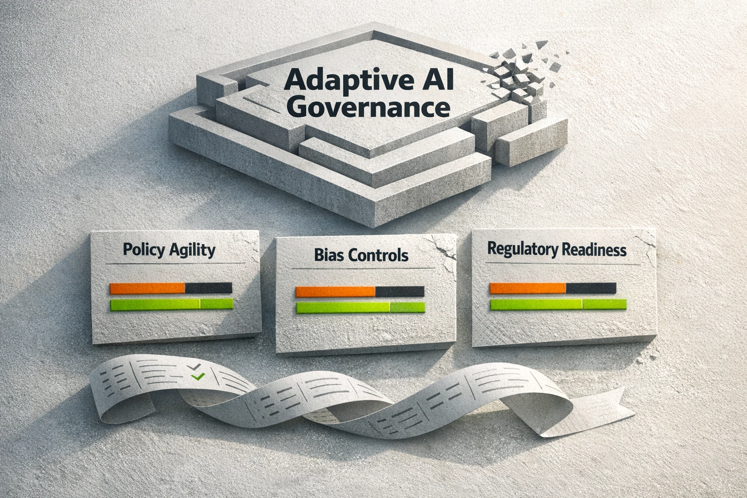 Visualizes adaptive governance pillars and 'current vs target' readiness to build trust around regulatory and ethical AI decisions.
