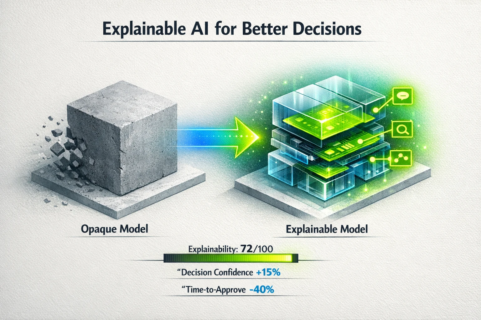 A dashboard showing an opaque AI model's decision with a low confidence score, which is then processed through an Explainable AI (XAI) layer. The output is a clear, actionable decision with a high explainability score, key influencing factors listed, and a metric showing a 40% reduction in decision review time.