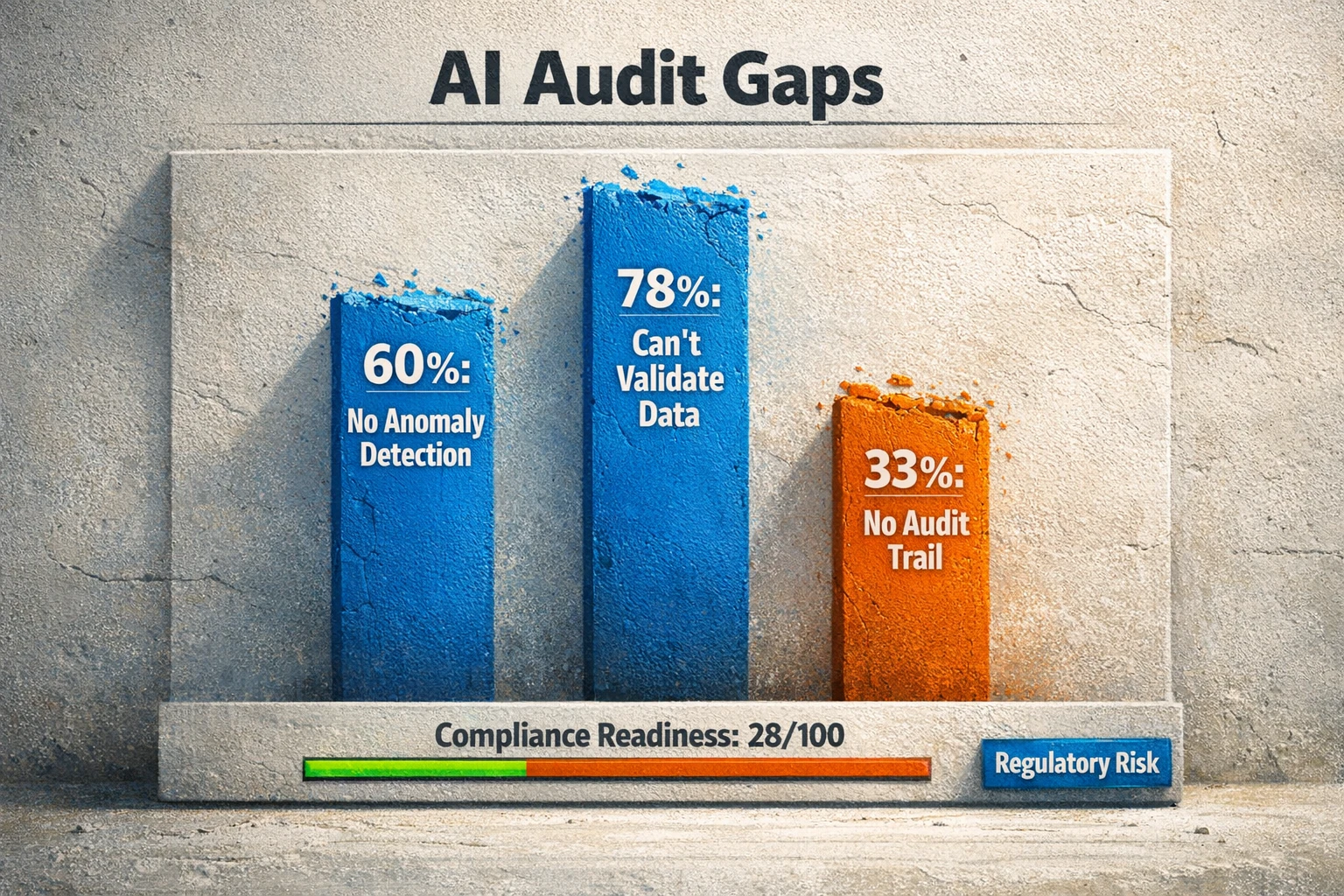 A striking infographic highlighting major audit and compliance gaps with large, bold percentages. It shows "60% Lack Anomaly Detection," "78% Cannot Validate Training Data," and "33% Lack Audit Trails," with a readiness meter indicating "High Risk," urging businesses to invest in better AI governance.
