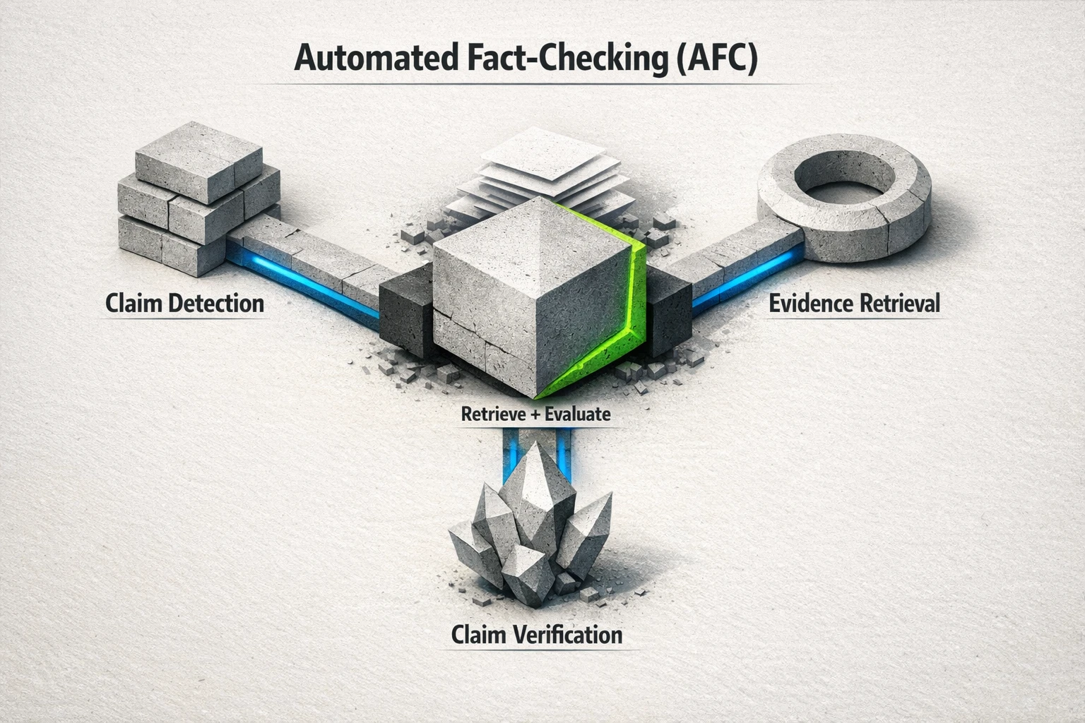 An illustration showing the three core stages of an Automated Fact-Checking (AFC) system: Claim Detection, Evidence Retrieval, and Claim Verification.