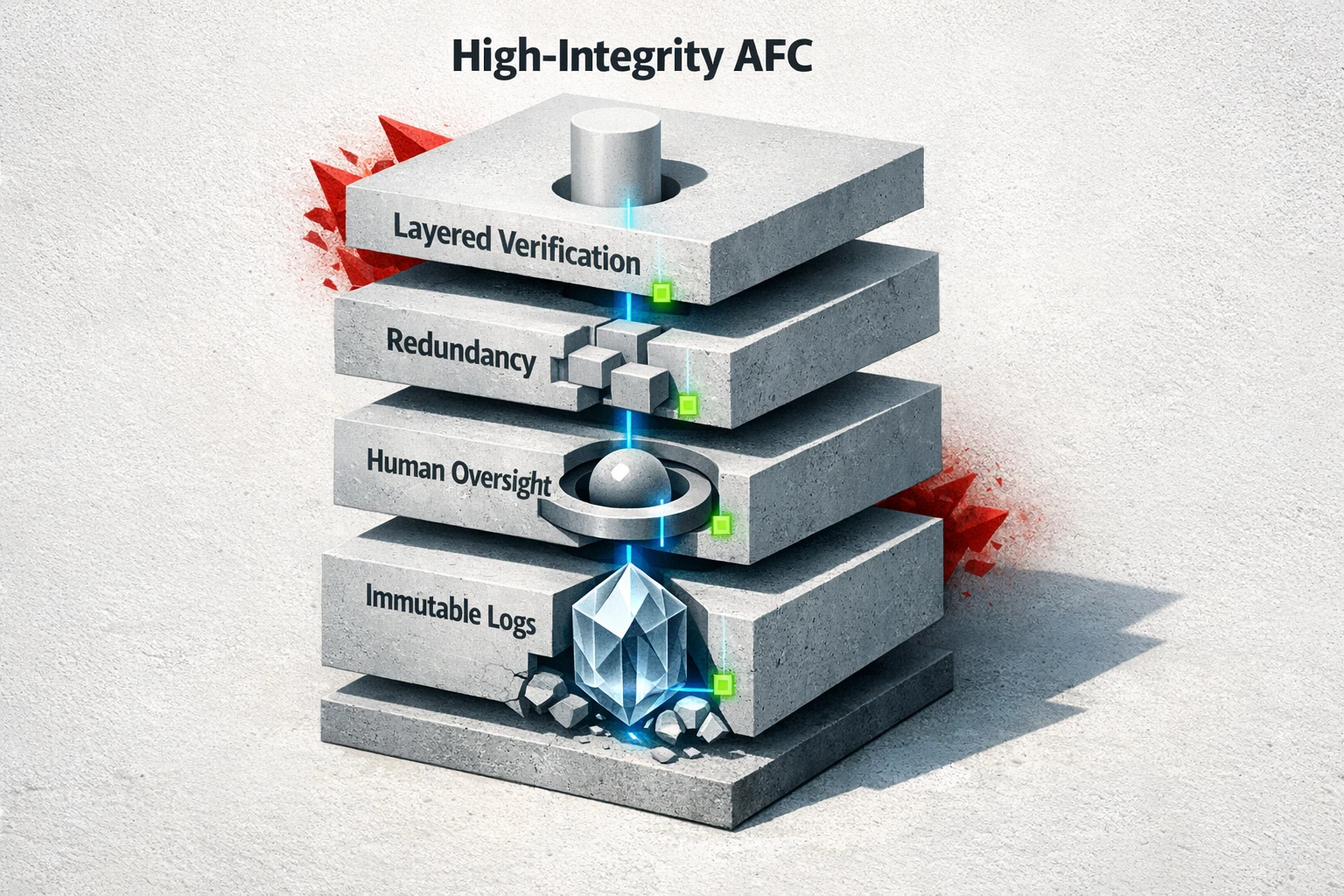 A diagram comparing a simple, single-layer verification system to a more robust, multi-layered architecture inspired by aviation safety principles, featuring redundancy, audit trails, and human oversight.