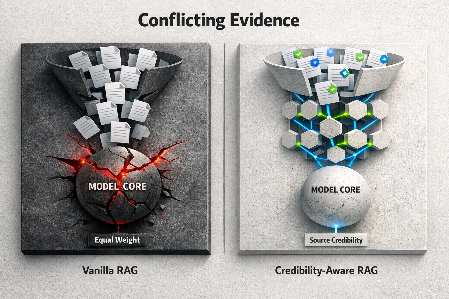 An illustration showing a basic retrieval system on one side, pulling from various unsorted sources. On the other side, a more advanced system is shown with a filter for source credibility, prioritizing and weighting evidence before it reaches the verification stage.