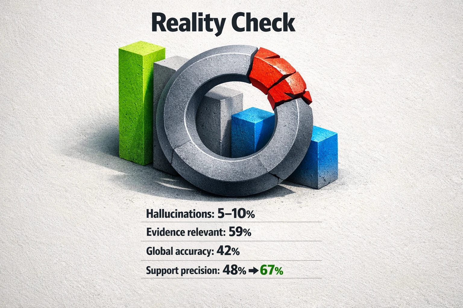 A graph or chart visually representing the data points mentioned: the persistent 5-10% hallucination rate in LLMs and the 42% global accuracy of an agentic fact-checking system, emphasizing the gap between AI capability and the requirements for high-stakes verification.