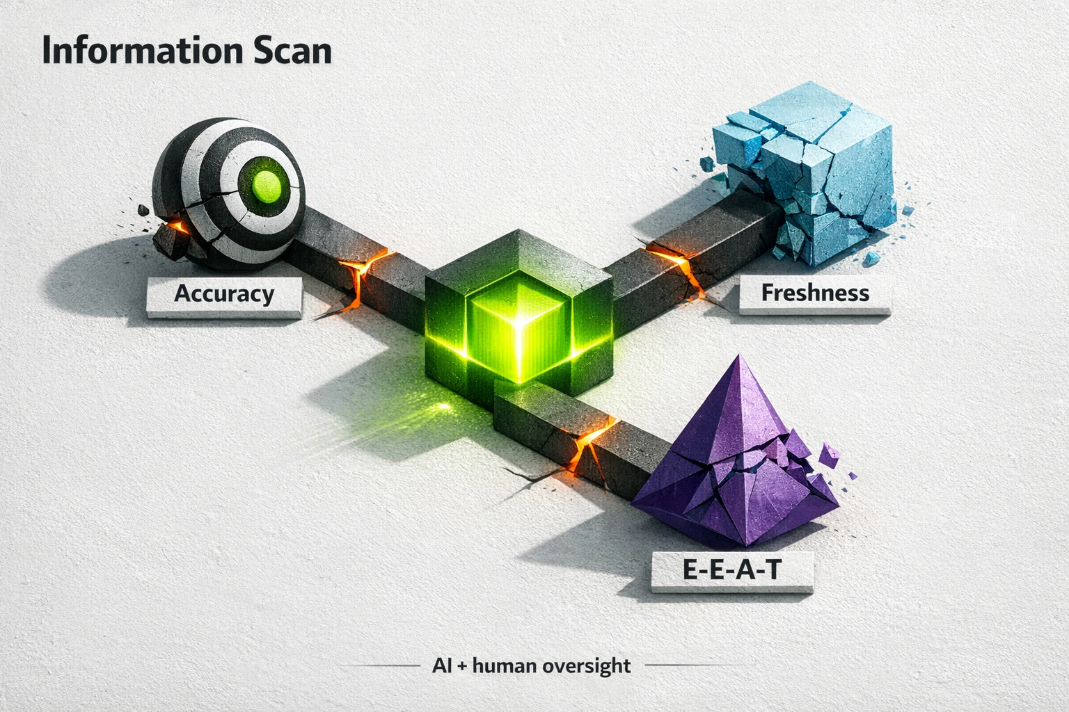 A diagram showing a central AI scanning a competitor's content, with arrows pointing to three identified weaknesses: Accuracy, Freshness, and E-E-A-T. A human-in-the-loop icon oversees the process, managing AI limitations like hallucinations and bias.