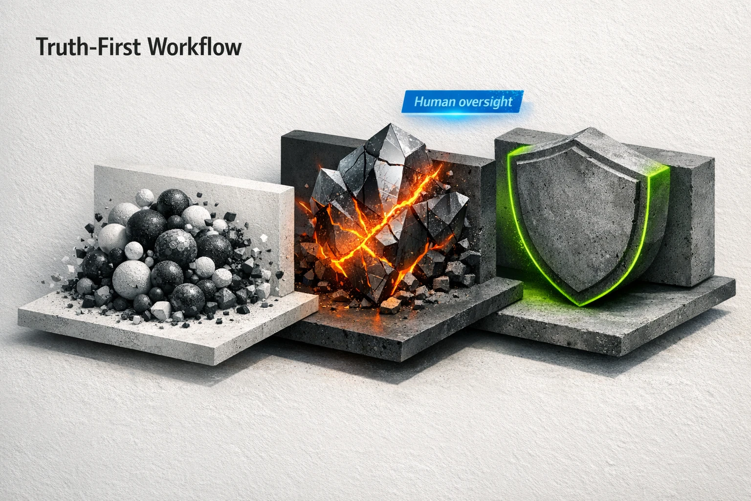 An illustration of an AI model producing raw data points, which are then passed through a "Truth Layer" filter held by a human icon. The output is a refined, reliable insight about competitor weaknesses.