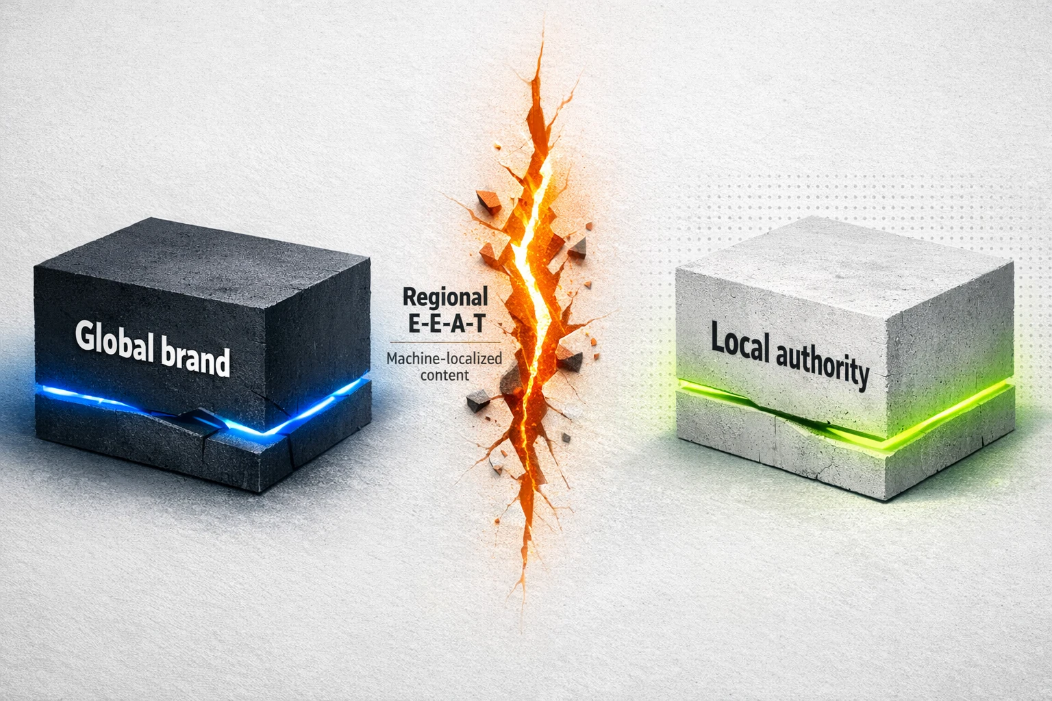 A world map with highlighted regions. One pin shows a global brand with weak authority signals in a specific country, while another pin shows a local competitor with strong, targeted signals, indicating the local player has the E-E-A-T advantage.