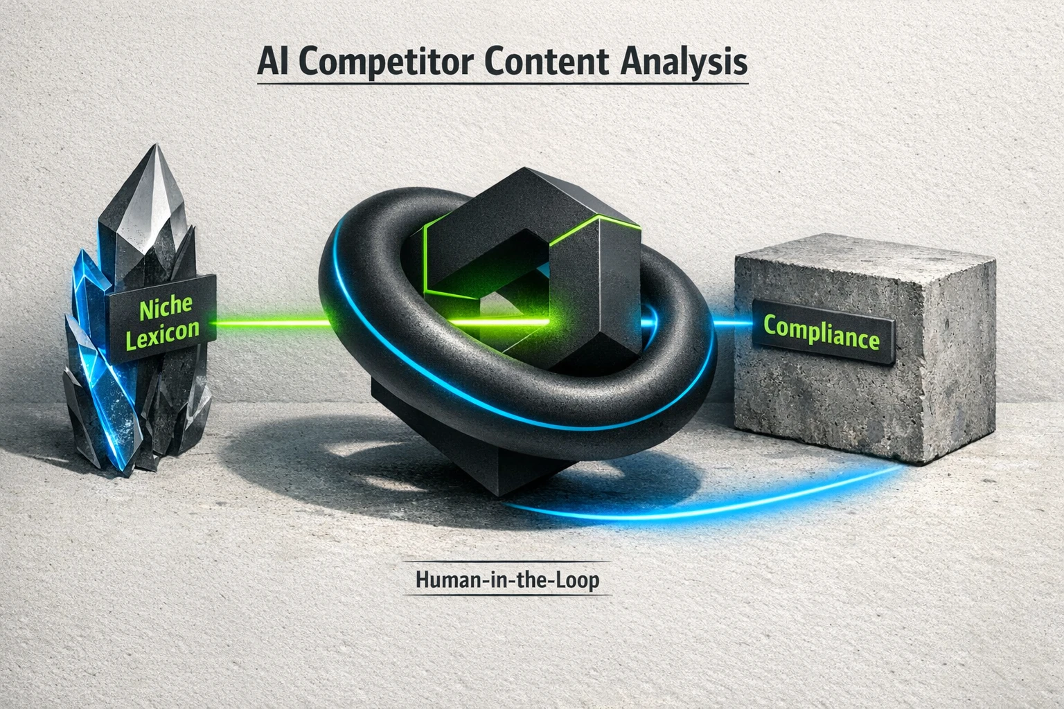 A diagram showing how AI must balance niche terminology and regulated compliance, supported by human review and traceable findings.
