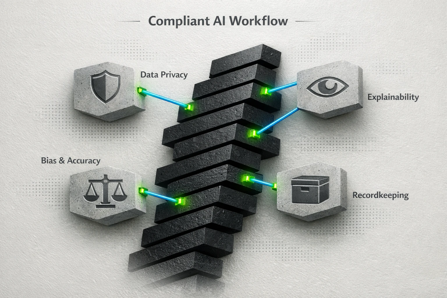 A flowchart showing a compliant analysis process that includes privacy safeguards, explainable outputs, bias checks, and recordkeeping.
