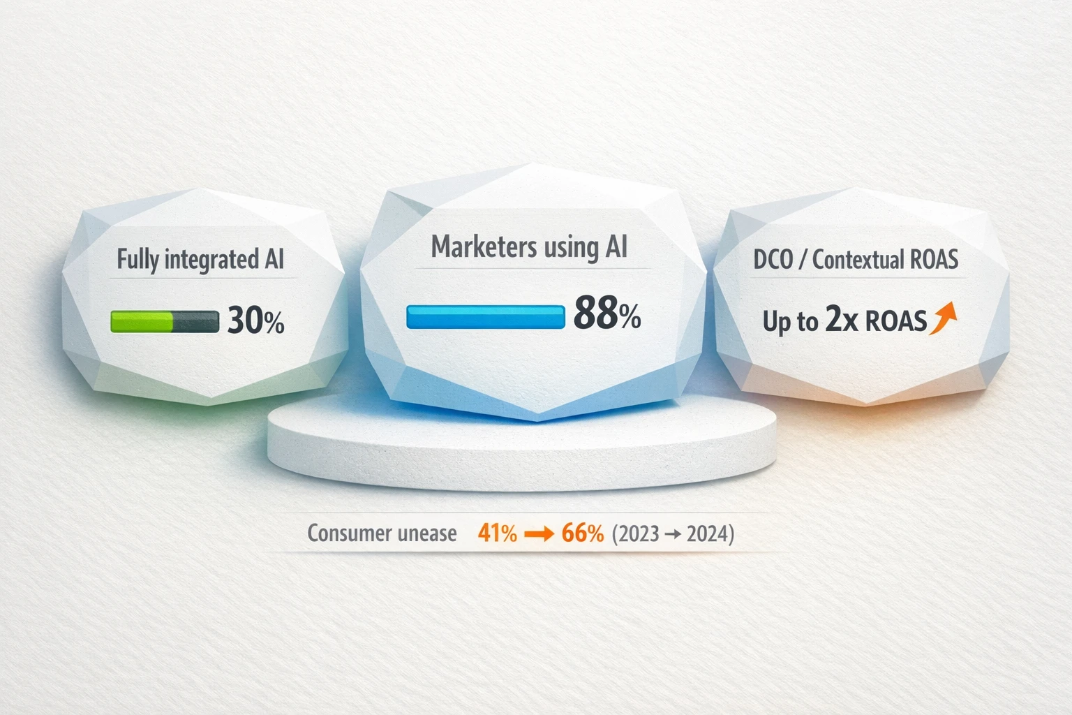 Key adoption and performance metrics for AI in advertising, highlighting the gap between usage and full integration.