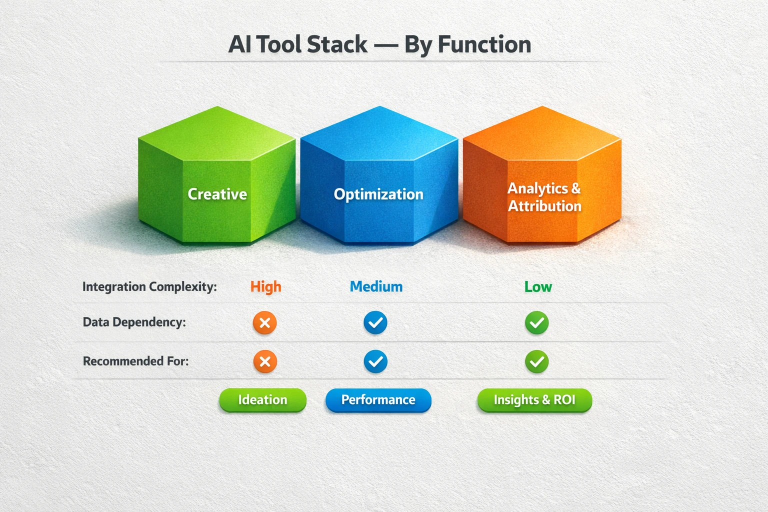 A comparative chart of AI advertising tools categorized by function: Creative, Optimization, and Analytics & Attribution, with evaluation criteria.