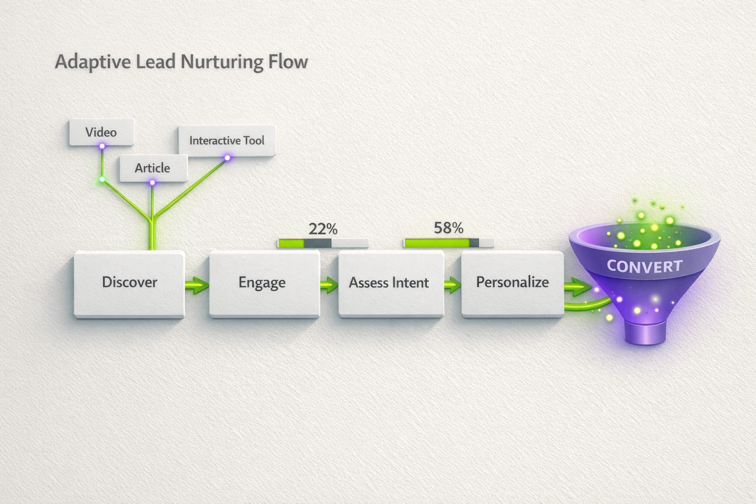 Visualize AI-driven lead nurturing with adaptive branches and conversion probability bars so marketing leaders can choose the right content mix.