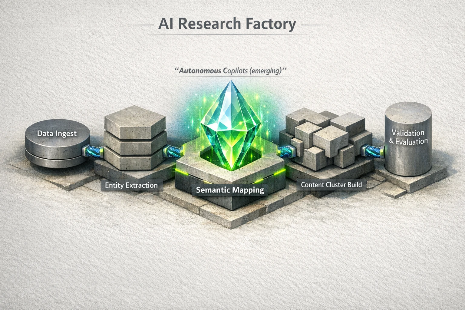 Conceptual 'AI research factory' pipeline showing how data ingestion, entity extraction, and semantic mapping combine to build and validate content clusters.