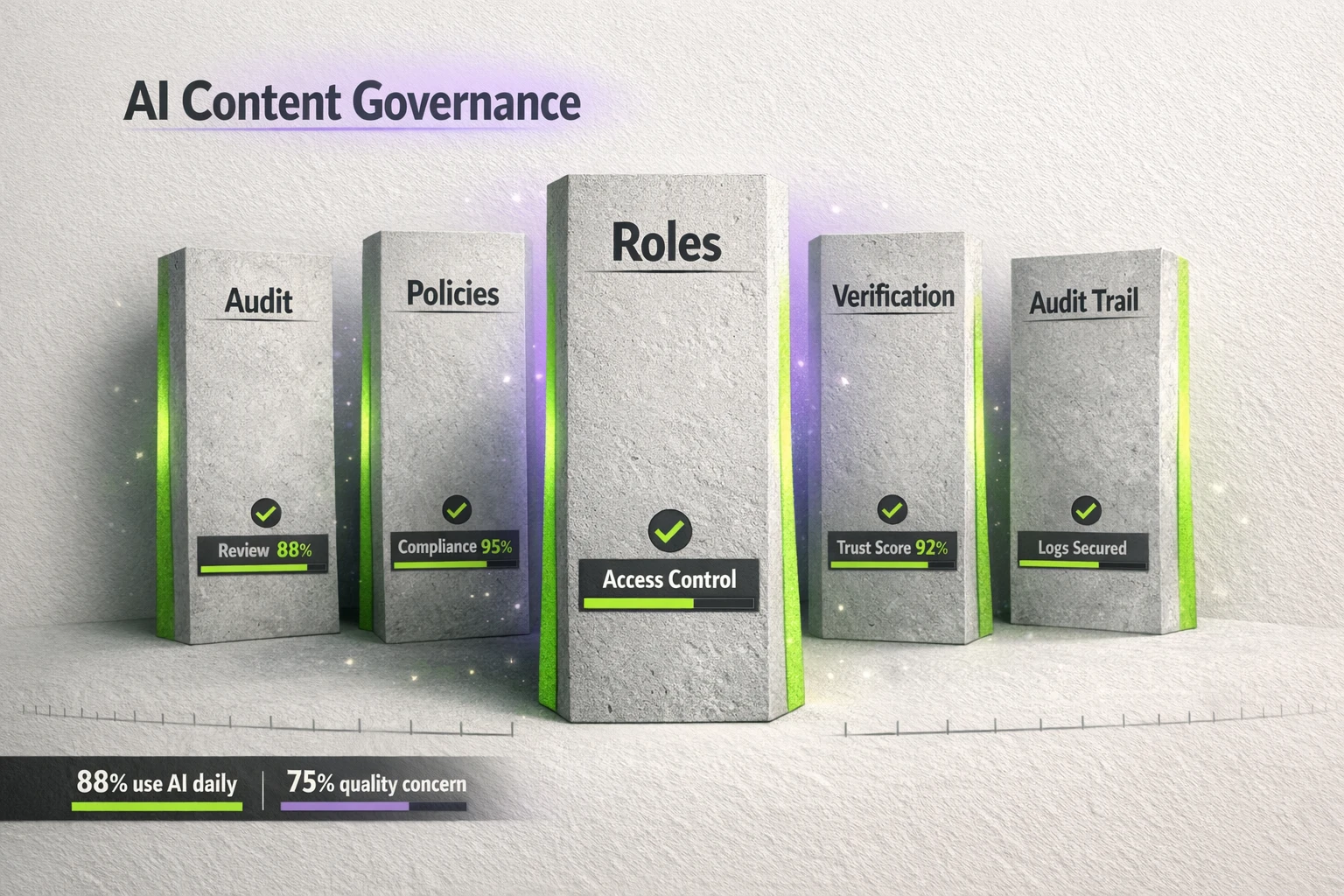 A compact governance blueprint that makes oversight and verification tangible—highlighting human review coverage and core governance pillars for content teams.