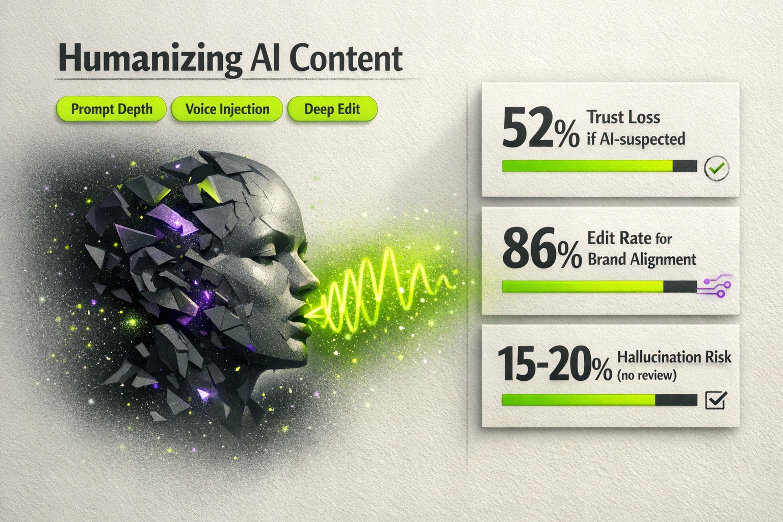 Three evidence-based metrics and concise humanization tactics that show why human oversight and voice injection reduce trust and accuracy risks in AI content.