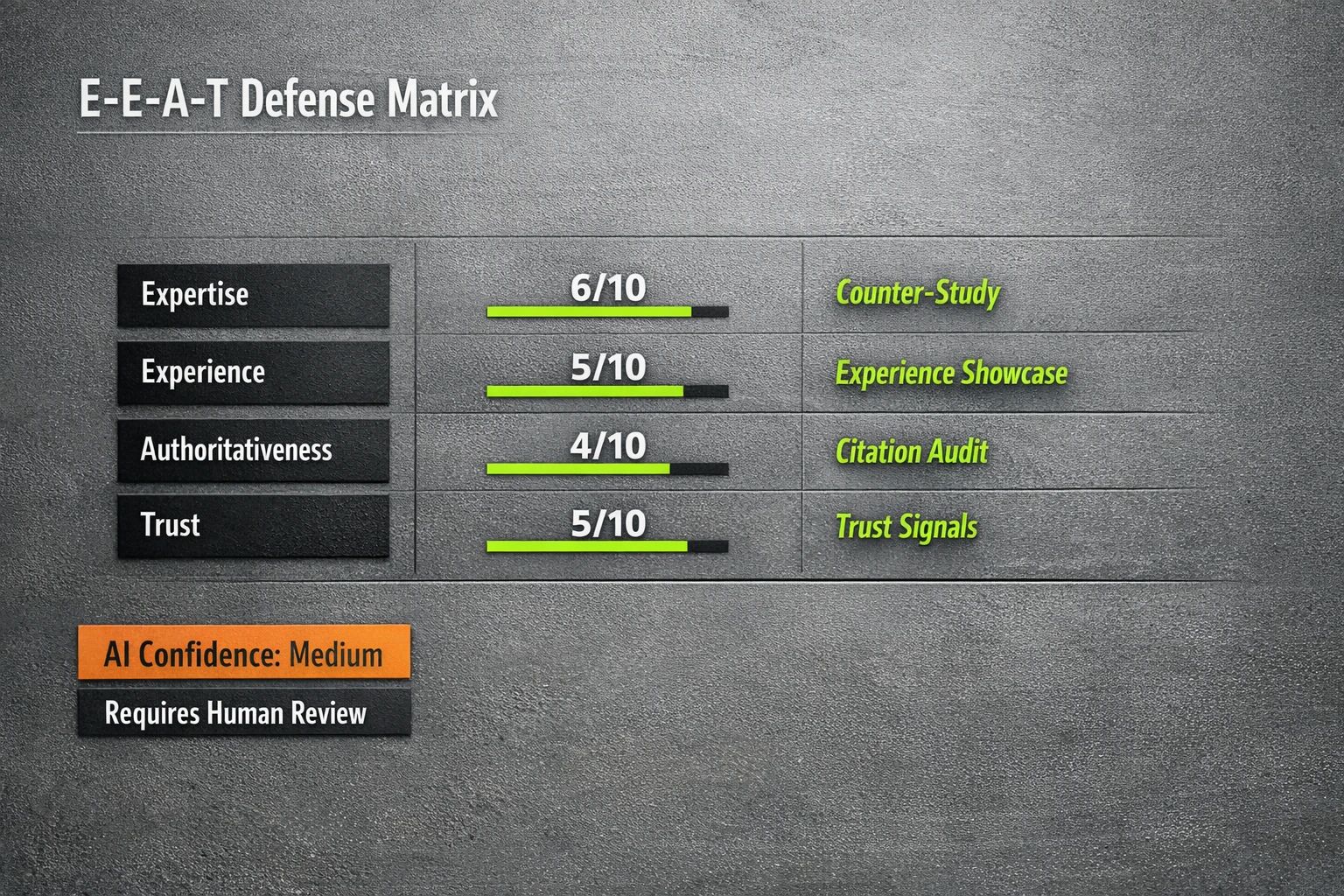 A strategic flowchart breaking down E-E-A-T components (e.g., "Expertise") into measurable indicators (e.g., "Author Certifications") and then matching them with specific AI-driven counter-content plays (e.g., "Create content featuring credentialed authors"). The caption reads: Deconstruct E-E-A-T signals into measurable indicators and matched counter-content plays to guide defensible strategy decisions.
