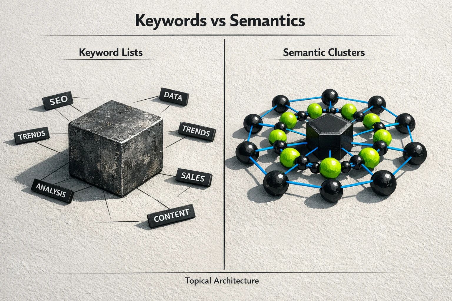 A diagram contrasting a simple list of keywords with a connected web of semantic clusters, showing how the relationships between topics reveal a competitor's strategic content architecture.