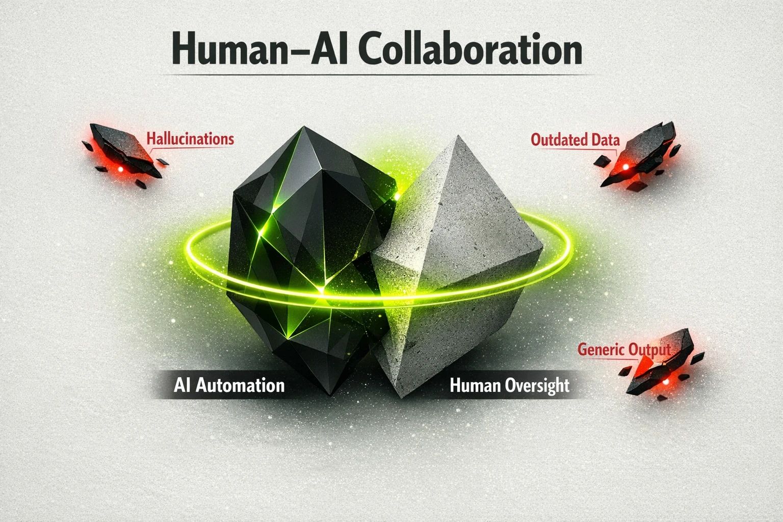 A flowchart illustrating the Human-AI Collaborative Intelligence Framework. It shows AI handling data processing and pattern recognition, with a human providing critical oversight for tasks like verifying insights, catching hallucinations, and defining strategic direction.