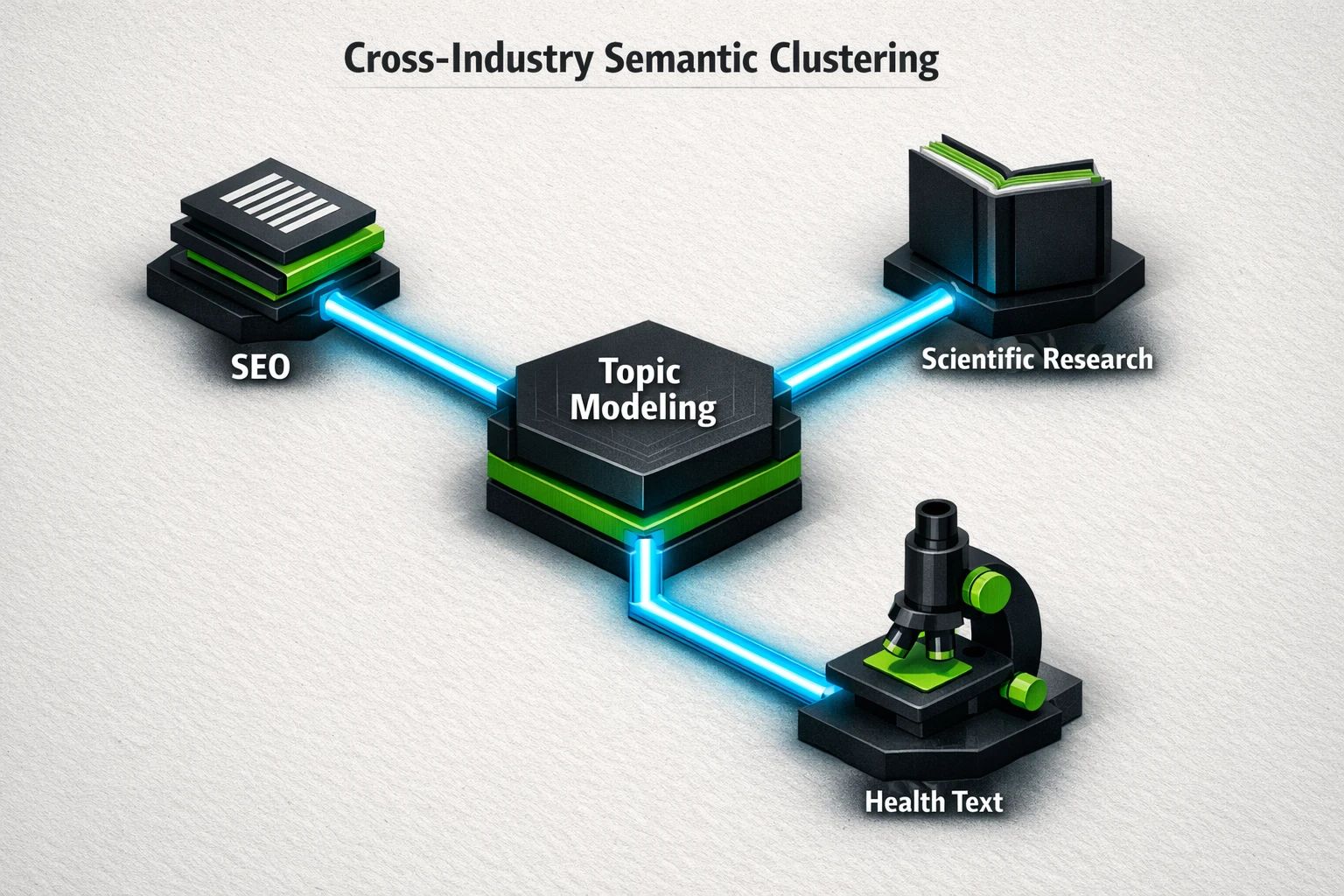 A visual representation of semantic topic modeling, showing how abstract concepts from large text databases, like scientific papers, are organized into distinct, related clusters.