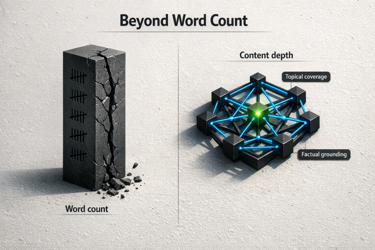 Illustration showing a shallow but wide block representing high word count, contrasted with a deeper, more detailed block representing true content depth.