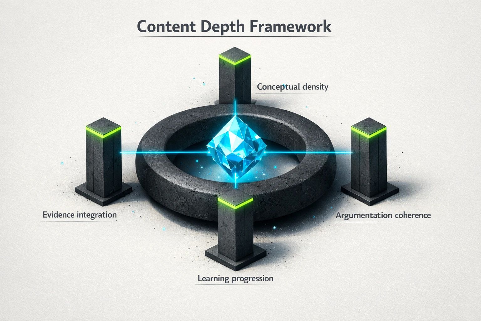 Diagram showing a central topic surrounded by interconnected nodes labeled "Conceptual Density," "Argument Coherence," "Evidence Integration," and "Learning Progression."