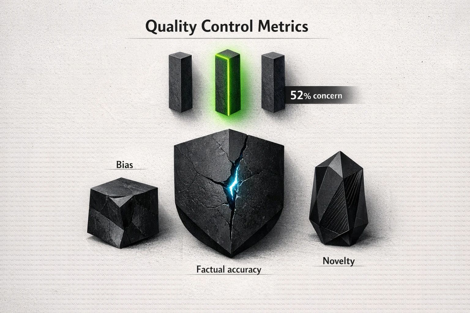 Illustration of a shield with checkmarks for "Factual Accuracy," "Novelty," and "Bias Detection," representing guardrails against AI content pitfalls.