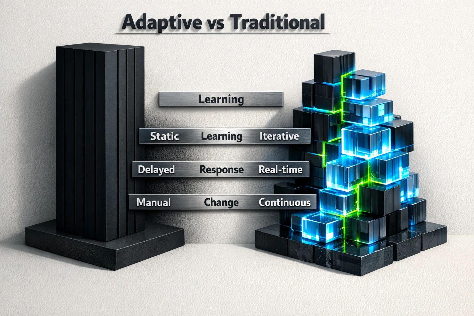 A qualitative comparison for beginners: adaptive AI is designed for iterative learning and real-time adaptation, while traditional approaches tend to be more static and manually updated.