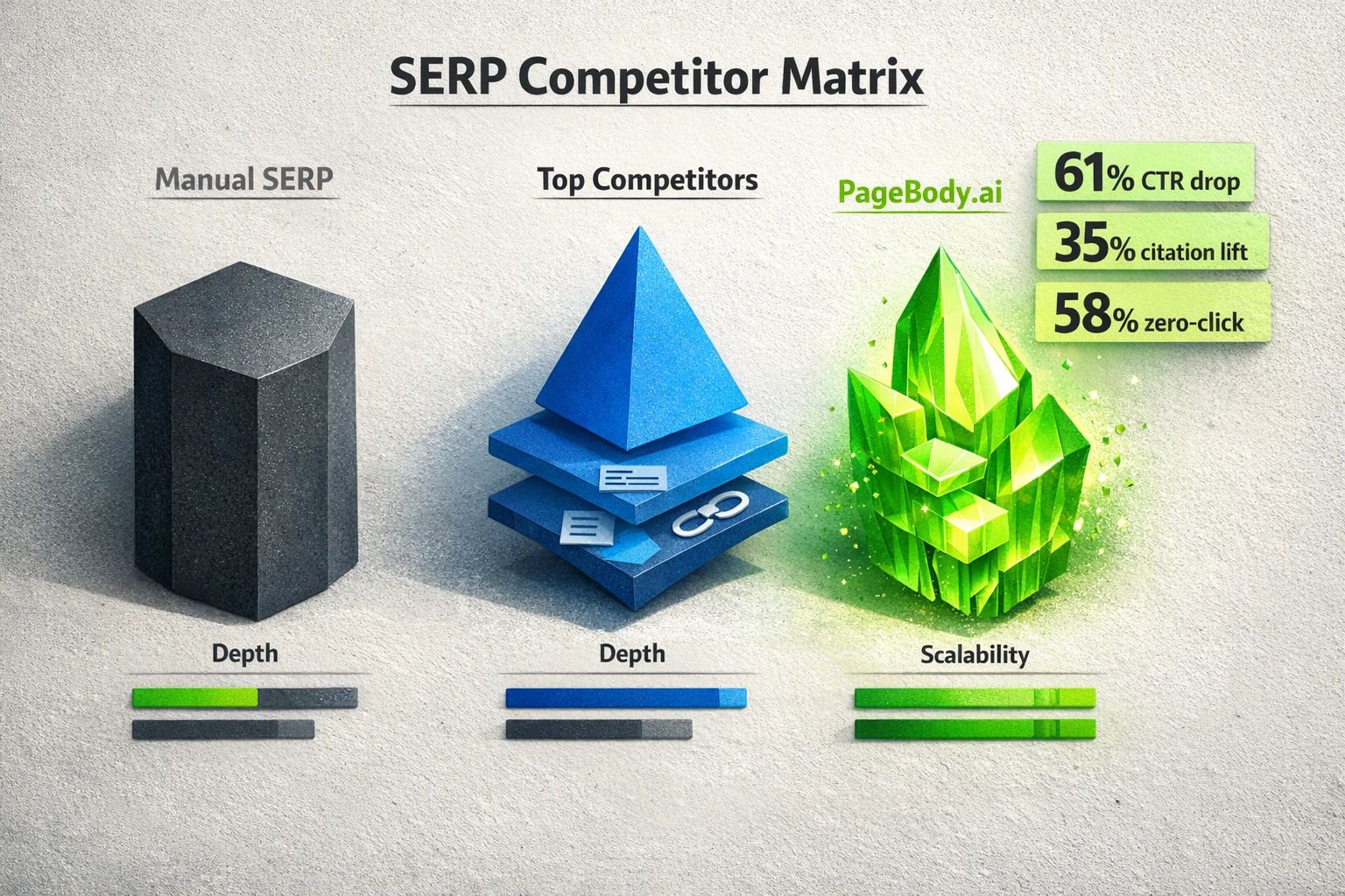 Compare manual SERP analysis, competitors, and PageBody.ai's intent engine with clear metrics and horizontal indicators to evaluate approach depth quickly.