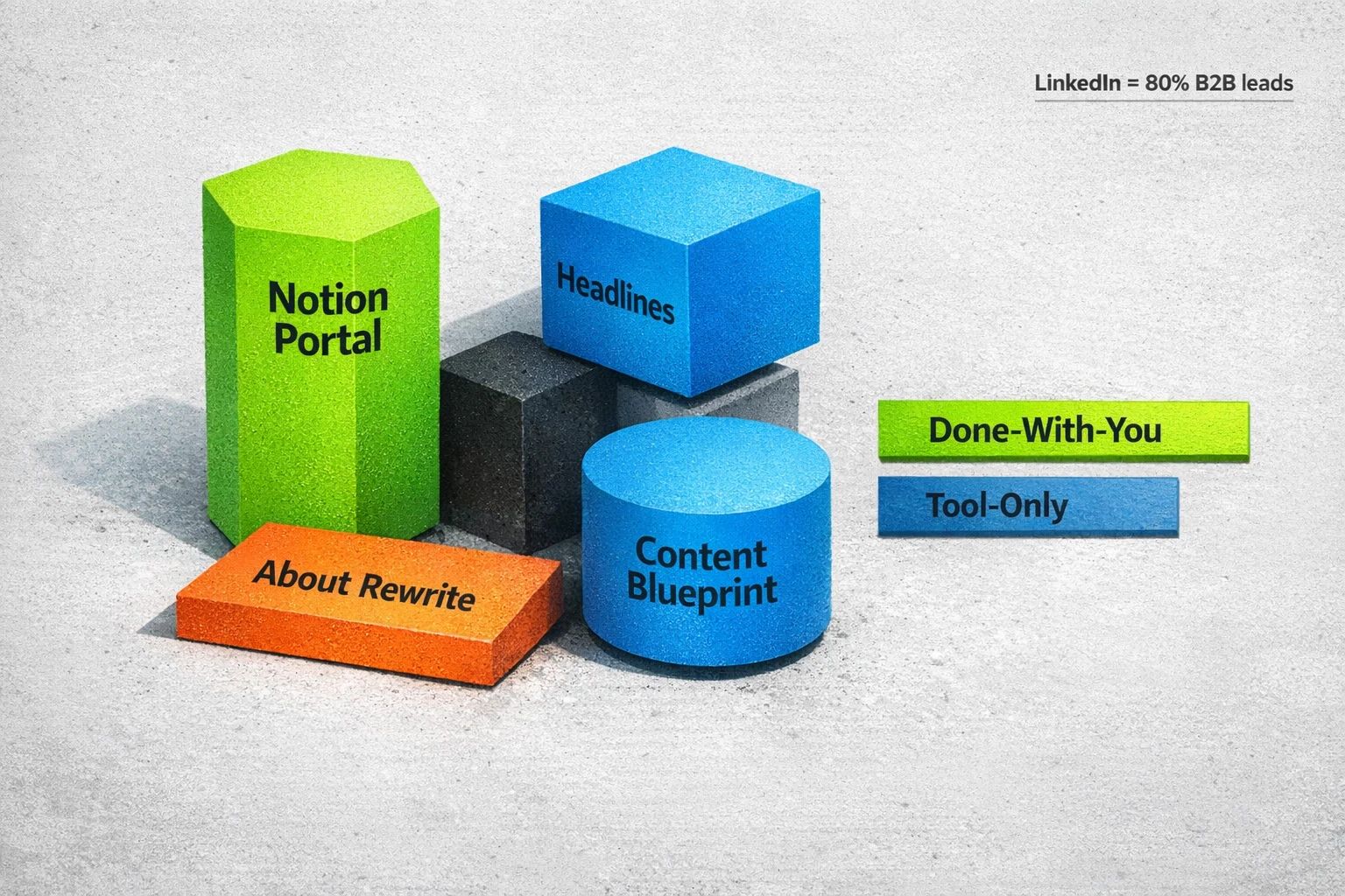A visual cluster showing the concrete deliverables: a Notion portal, a rewritten LinkedIn profile, and a 30-day content blueprint.