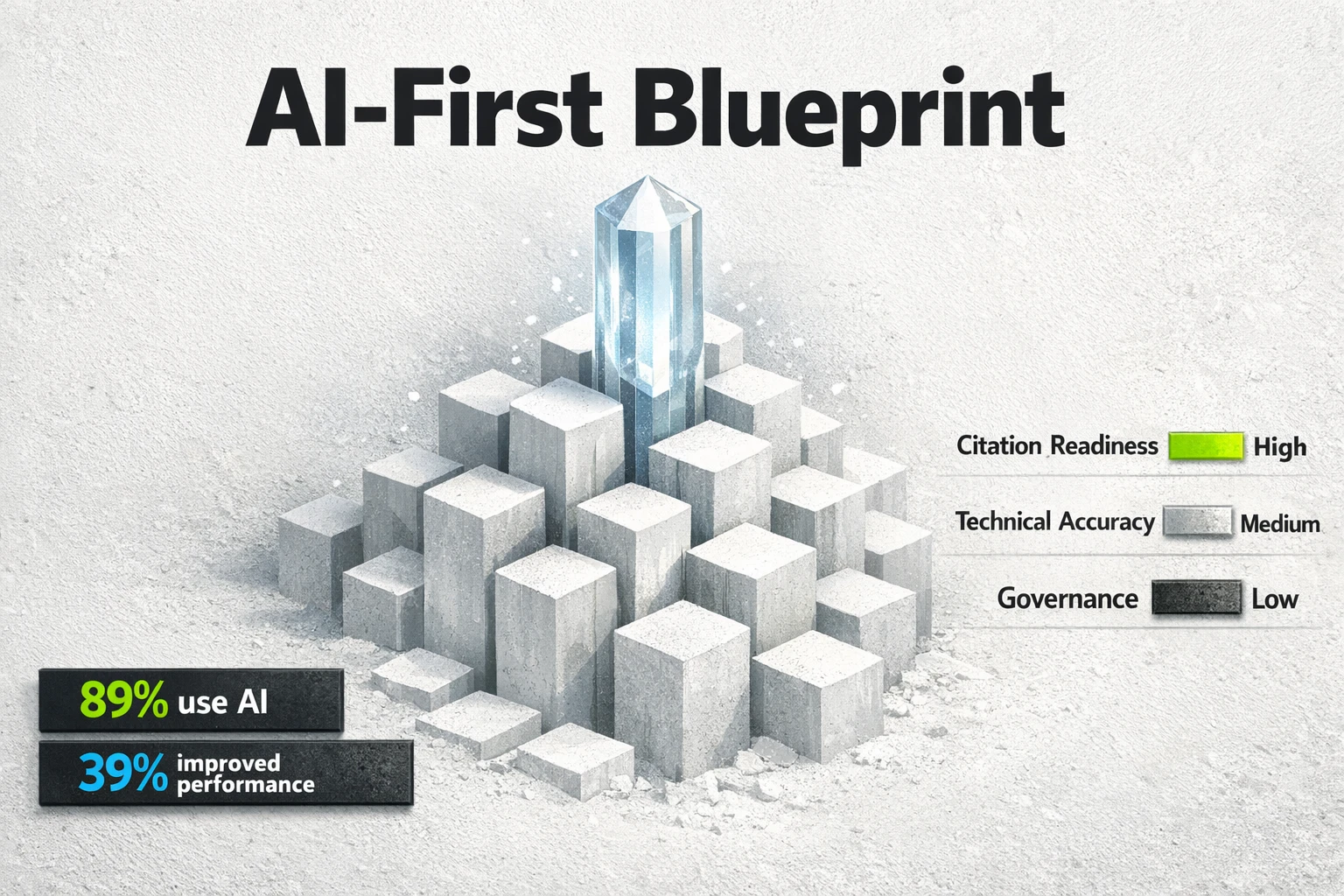 An audit-ready visual comparing citation readiness, technical accuracy, and governance of AI content, with a stat ribbon showing that while 89% of marketers use AI, only 39% report improved performance.