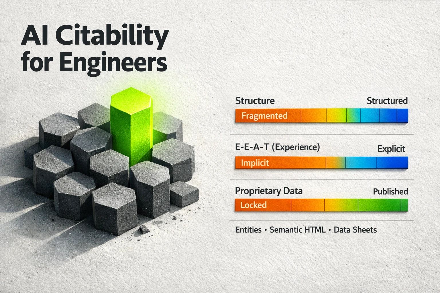 An illustration showing how unstructured data with fragmented specs leads to AI hallucination, contrasted with structured, proprietary data that builds a verifiable content moat.